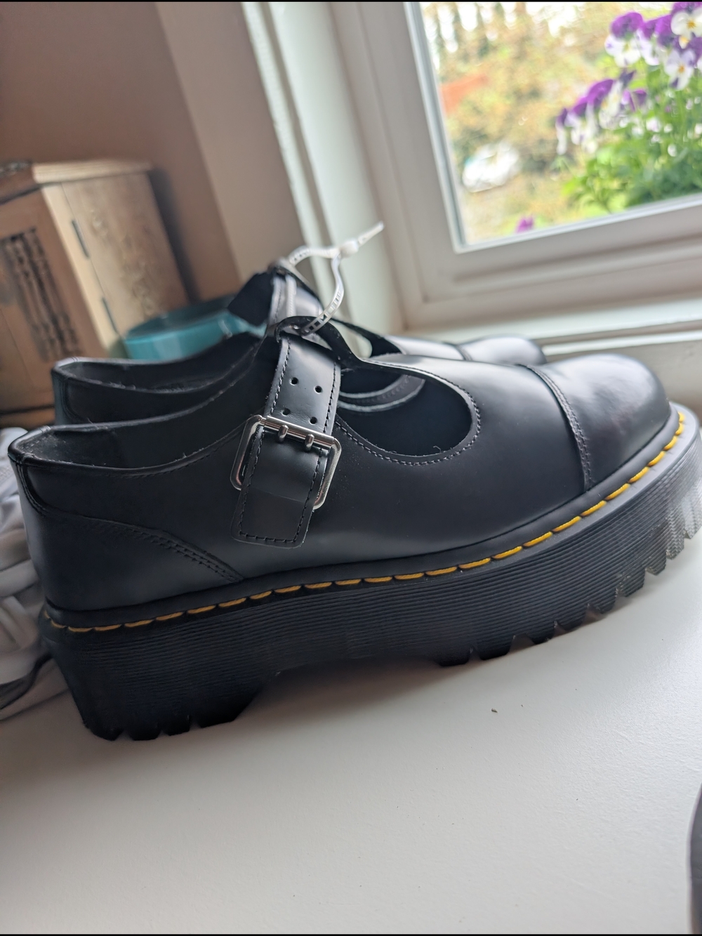 Dr. Martens Black Leather Mary Jane Platform Shoes with Yellow Stitching